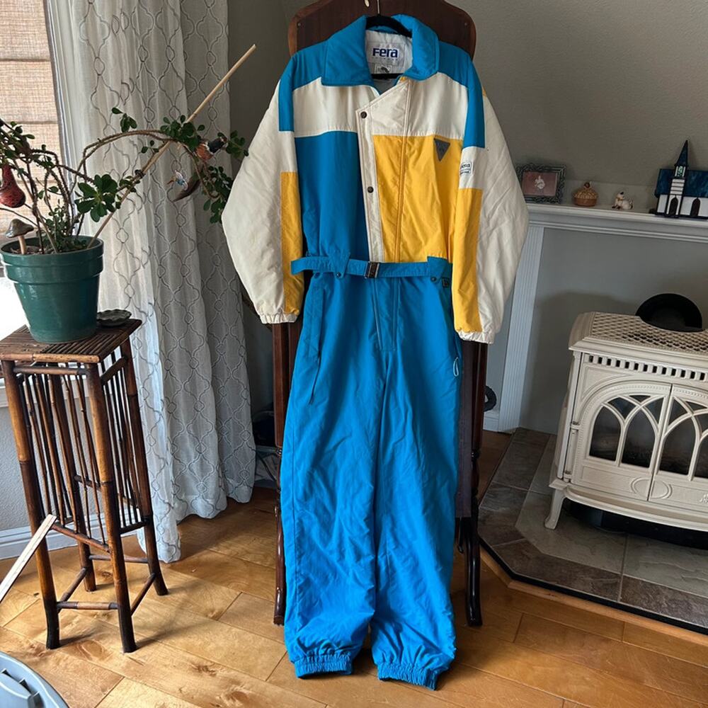 Vintage 80’s 90’s Fera one piece color blocked ski suit blue yellow white